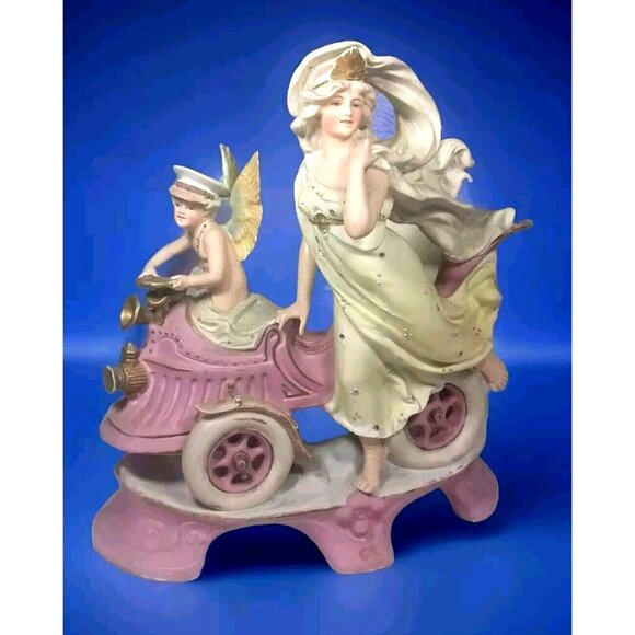 Antique  c1900 Cherub Angel Chauffeur Driving Woman Goddess Vintage Car Figurine - Picture 4 of 16